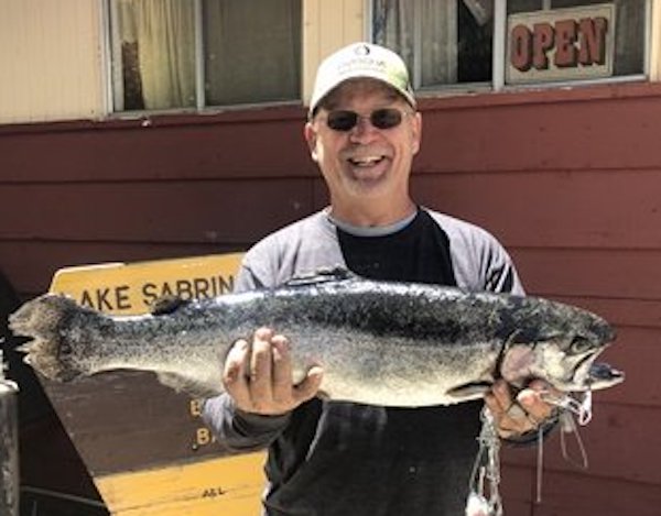 Lake Cuyamaca, Cathy caught her dream fish!!! She caught a 5-pound  lightning trout in Chambers Park using florescent red/chartreuse mouse tail.  Time