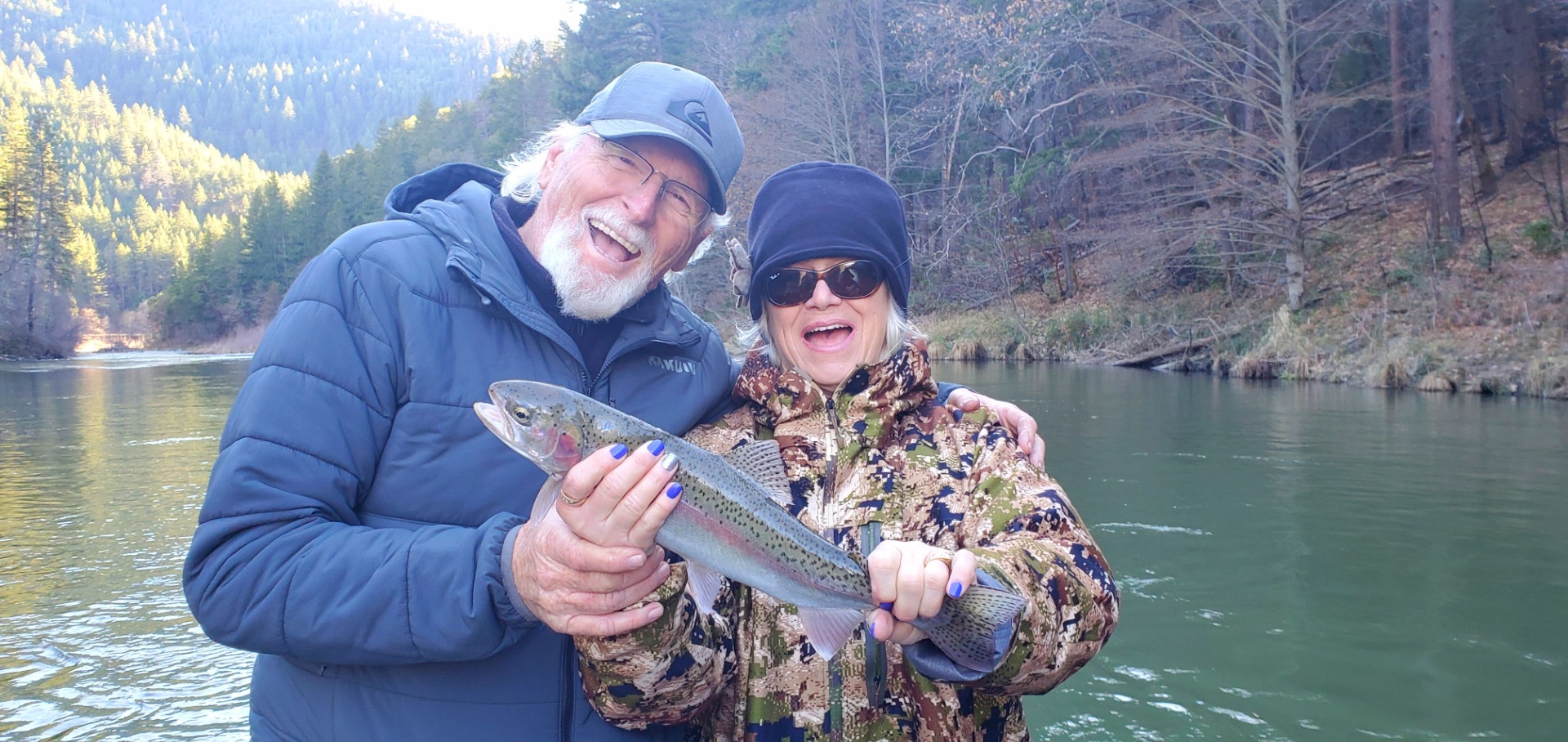 Klamath River action - Cathy lands her first Steely