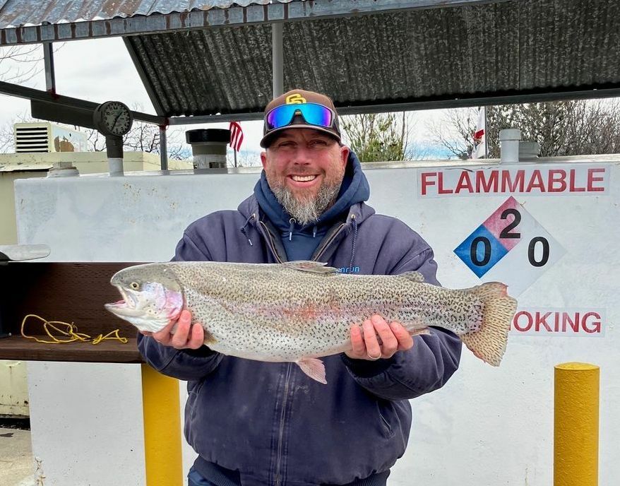 Lake Cuyamaca, Cathy caught her dream fish!!! She caught a 5-pound  lightning trout in Chambers Park using florescent red/chartreuse mouse tail.  Time